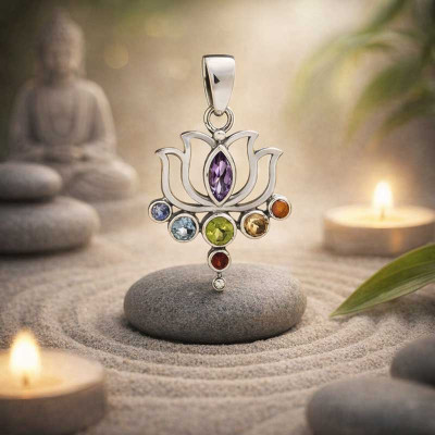 Pendentif des 7 chakras Fleur de Lotus en argent - 1